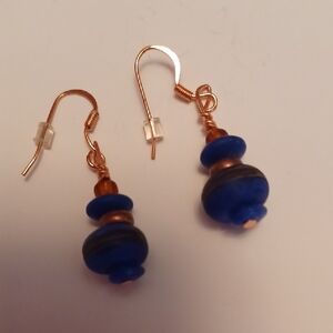 Handcrafted Blue Glass Bead Drop Earrings with Gold-Tone Accents/ 3 Pairs for 20